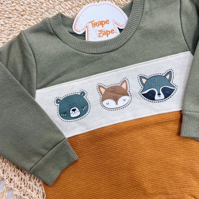 Conj. Casaco Bichinhos da Floresta e Calça de Moletom - Verde e Ferrugem